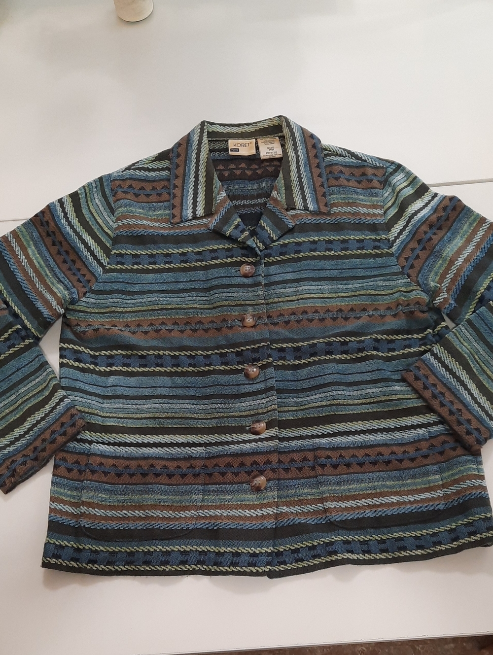 Koret Striped Button-Front Jacket in Teal, Brown & Navy - Size PM